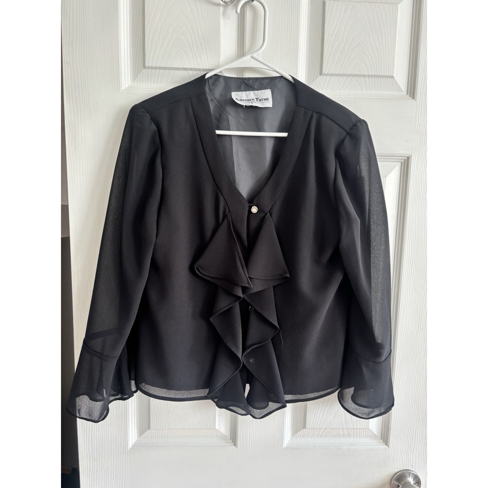 Another Thyme Women's Med Ruffled Button Down Chiffon Blouse 3/4 Sleeve Black